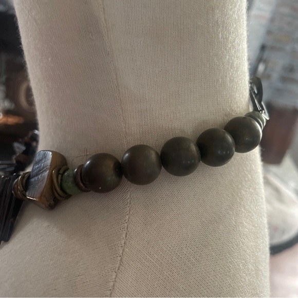 Vintage LES BERNARD Jade and Shell Sratement Necklace Chic Green Brown Choker - Picture 8 of 12